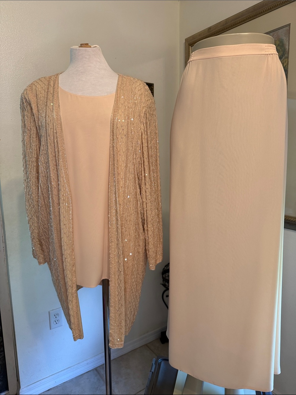 Harrod’s Skirt Set - Women’s 3 PC Champagne/Cream Beaded Sequin Size 18